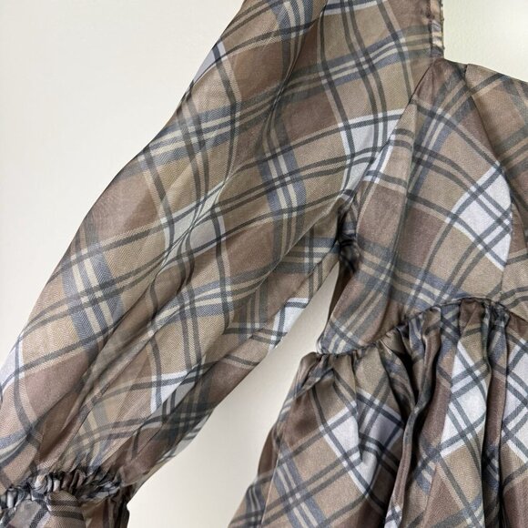 Selkie The Plaid Puff Dress Brown Black Organza Babydoll Mini Size Medium - Picture 7 of 11
